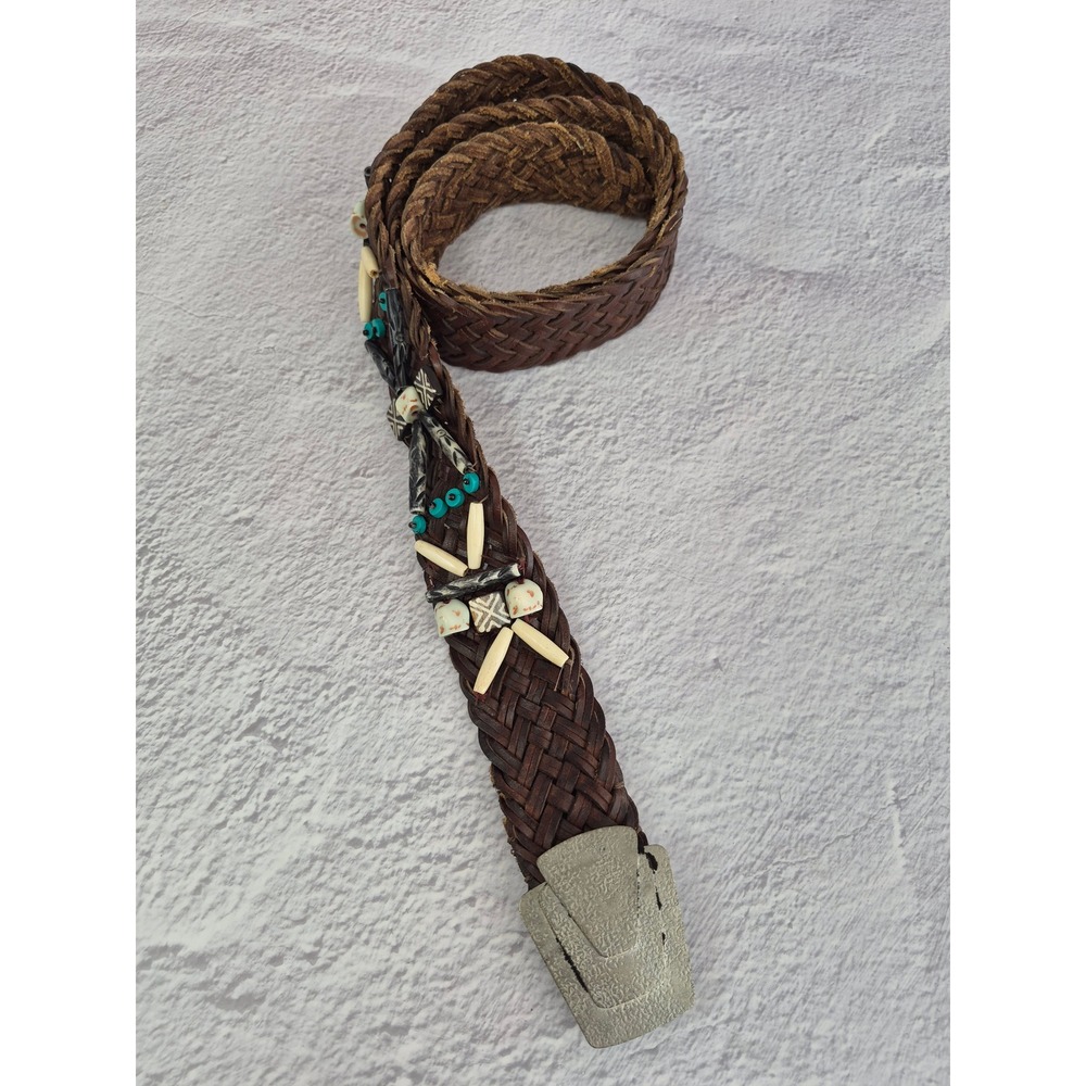 Woven Brown Leather Braided Belt Beaded Southwestern Boho Tribal Design